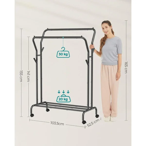 Suport mobil cu roti pentru haine, Artool, cu raft incaltaminte, otel, negru, max 100 kg, 103.5x52.5x155 cm