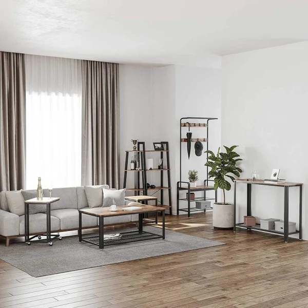 Masa de cafea, Vasagle, pe roti, pal si metal, maro rustic, 50x35x61 cm