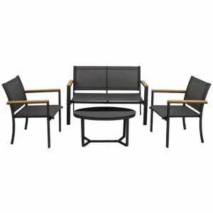 Set mobilier gradina/terasa, negru si natur, 1 masa, 2 scaune, 1 canapea, Imala
