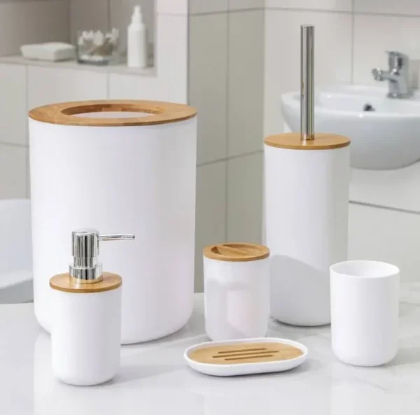 Set Elegant pentru baie format din 6 piese, ABS + lemn, culoare alb/maro