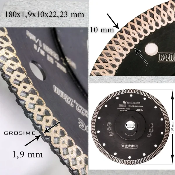 Disc diamantat turbo subtire, placi ceramice, taiere umeda si uscata, 180 mm/22.23 mm, Richmann Exclusive