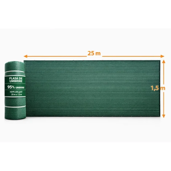Plasa de umbrire, HDPE, 230 g/mp, grad de umbrire 95%, verde, 1.5x25 m 