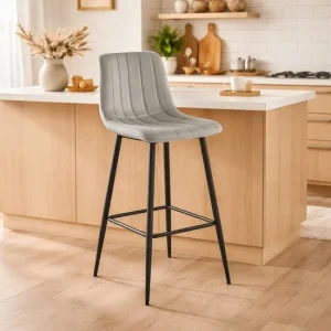 Scaun de bucatarie/bar, Artool, Pozza, catifea argintie, picioare metal negru, 43x35x104 cm