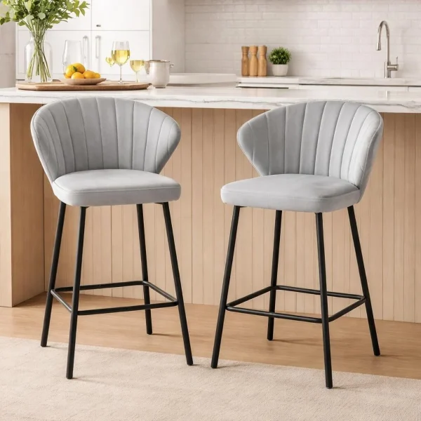 Scaun de bucatarie/bar, Artool, Gatta, catifea argintie, picioare metal negru, 43.5x36.5x90.5 cm