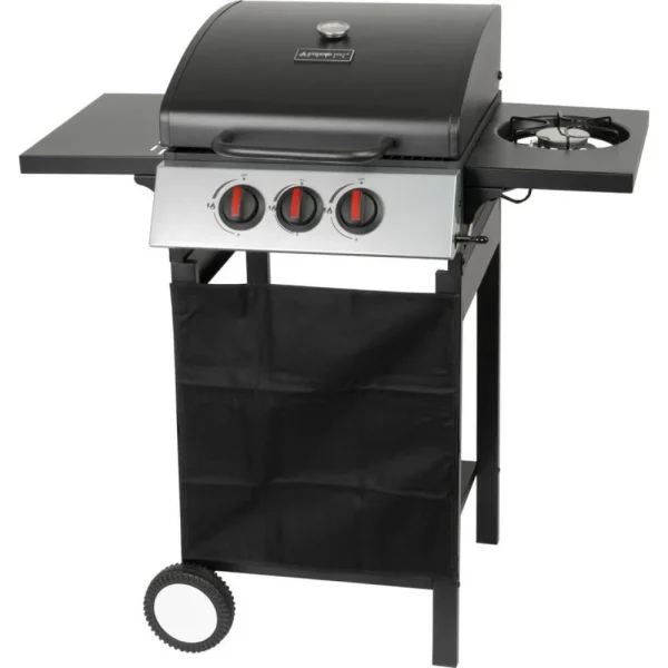 Gratar gradina, grill dreptunghiular, cu gaz, 2+1 arzatoare, cu roti, capac, rafturi, 97x60x100 cm, Valencia