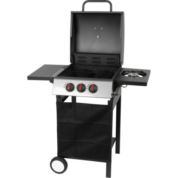 Gratar gradina, grill dreptunghiular, cu gaz, 2+1 arzatoare, cu roti, capac, rafturi, 97x60x100 cm, Valencia