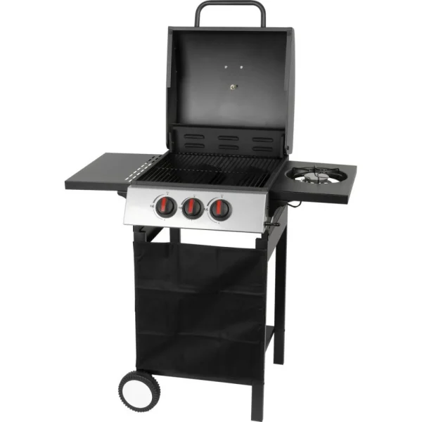 Gratar gradina, grill dreptunghiular, cu gaz, 2+1 arzatoare, cu roti, capac, rafturi, 97x60x100 cm, Valencia
