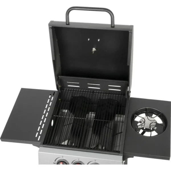 Gratar gradina, grill dreptunghiular, cu gaz, 2+1 arzatoare, cu roti, capac, rafturi, 97x60x100 cm, Valencia