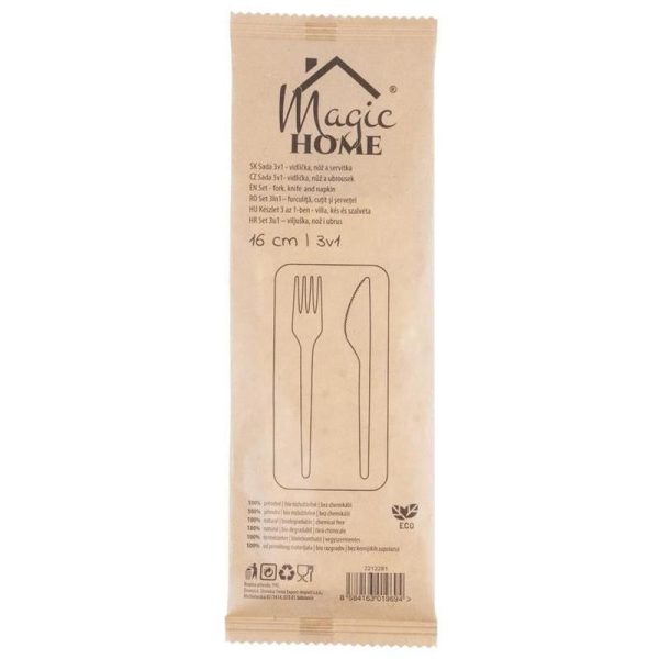 Tacamuri de unica folosinta, ecologice, lemn, cutit, furculita, servetel, 16 cm