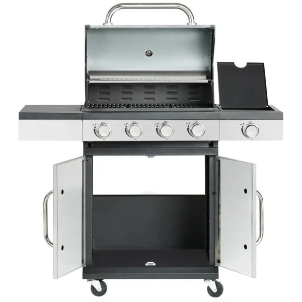 Gratar gradina, grill dreptunghiular, cu gaz, 4+1 arzatoare, cu roti, capac, 120x48x110 cm, BBQ Forbes 