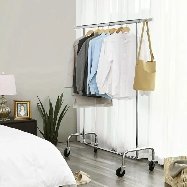 Suport mobil cu roti pentru haine, Songmics, reglabil, metal, argintiu, max 130 kg, 110x55x160 cm