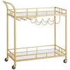 Carucior servire, raft mobil pentru bucatarie, Artool, pe roti, otel, sticla, cu suport pahare si sticle, auriu, 86x38x90 cm