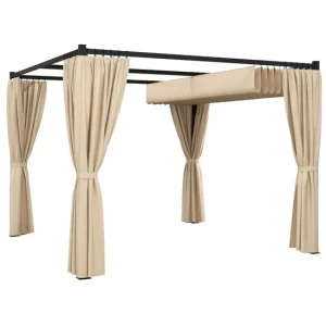 Pergola pentru gradina/terasa, retractabila, cu perdele, cadru metalic, negru si bej, 3x3x2.27 m