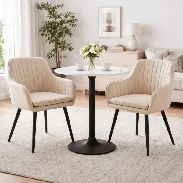 Scaun stil fotoliu bucatarie/living, Artool, Lugo, catifea bej, picioare metal negru, 57.5x56.5x86.5 cm