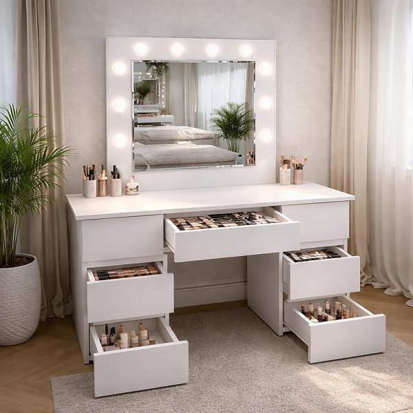 Masa de toaleta/machiaj, Vanessa, gri deschis, cu oglinda si LED-uri, 130x43x143 cm