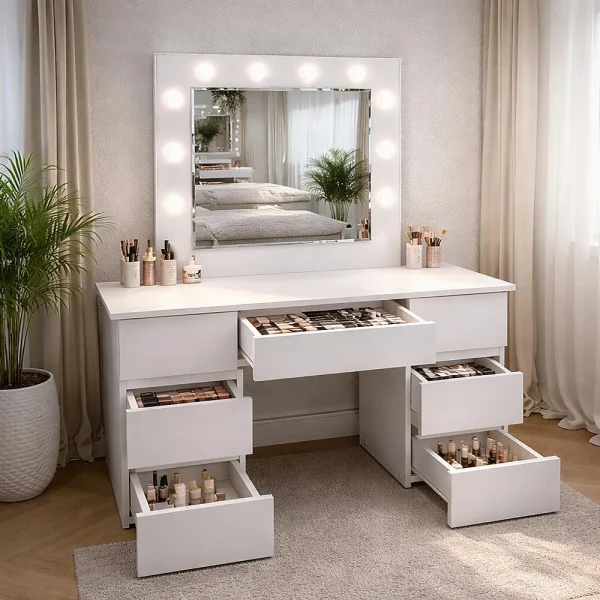 Masa de toaleta/machiaj, Vanessa, gri deschis, cu oglinda si LED-uri, 130x43x143 cm