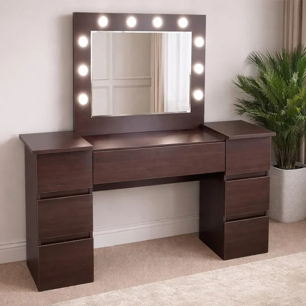 Masa de toaleta/machiaj, Antonia, wenge, cu oglinda si LED-uri, 155x42x135 cm