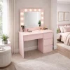 Masa de toaleta/machiaj, Irina, roz, cu oglinda si LED-uri, 94x43x141 cm