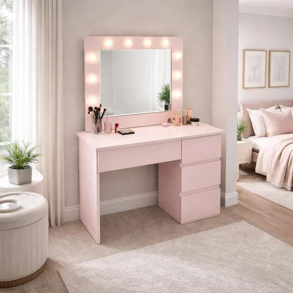 Masa de toaleta/machiaj, Irina, roz, cu oglinda si LED-uri, 94x43x141 cm