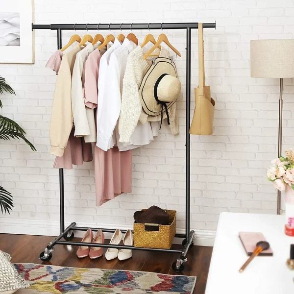 Suport mobil cu roti pentru haine, Songmics, reglabil, metal, negru, max 90 kg, 92x45.4x160 cm