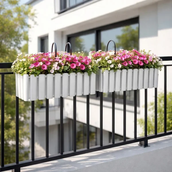 Set 2 jardiniere decorative cu suport metalic, sistem irigare,​​​​​​​ alb, 58x18x16.2 cm, Boardee Fencycase W