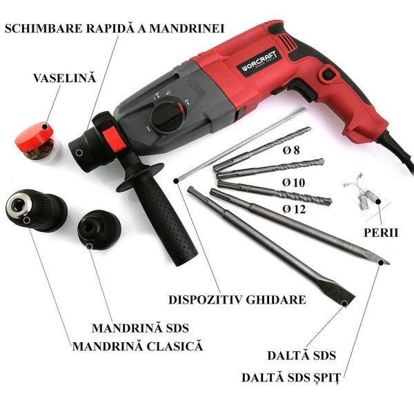 Rotopercutor, SDS Plus, 820 W, 2 mandrine interschimbabile, 3 J, Worcraft