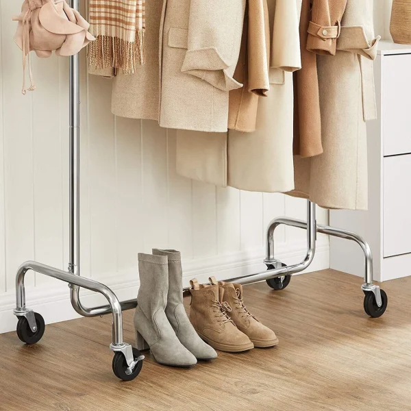 Suport mobil cu roti pentru haine, Songmics, reglabil, metal, argintiu, max 130 kg, 110x55x160 cm