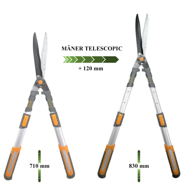 Foarfeca gard viu, arbusti, lama teflonata, otel japonez SK 5, maner aluminiu telescopic 71-83 cm, Richmann Exclusive