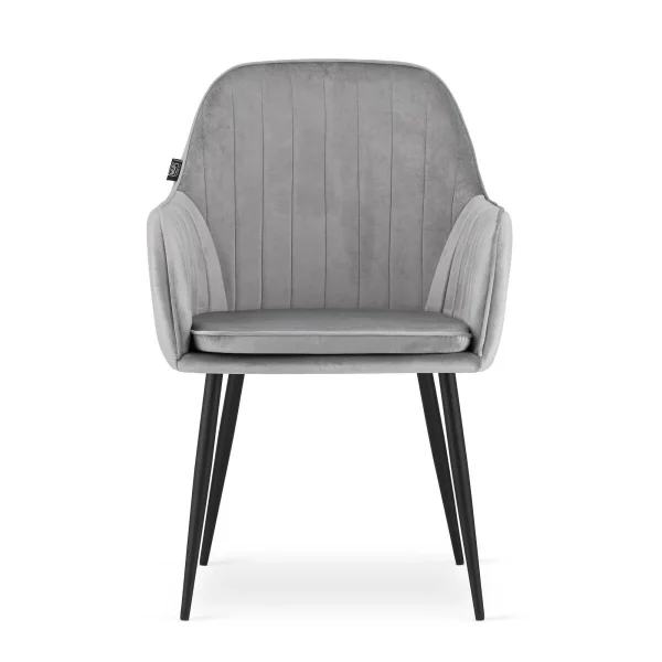 Scaun stil fotoliu bucatarie/living, Artool, Lugo, catifea argintie, picioare metal negru, 57.5x56.5x86.5 cm