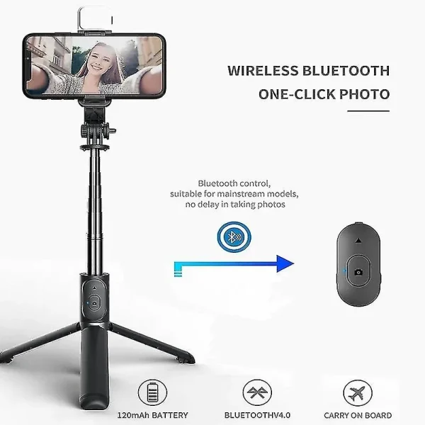 Set 3in1, Selfie Stick cu Lampa LED si Trepied, conectare Bluetooth, alimentare USB