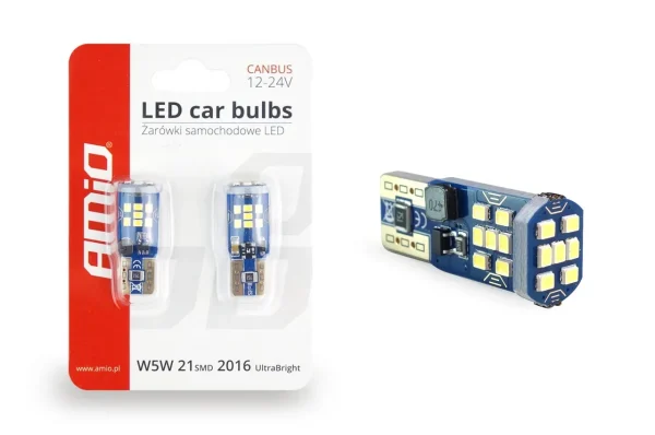 Set becuri auto cu LED CANBUS UltraBright compatibil T10 W5W 21 SMD Alb 12V/24V, destinat competitiilor auto sau off-road