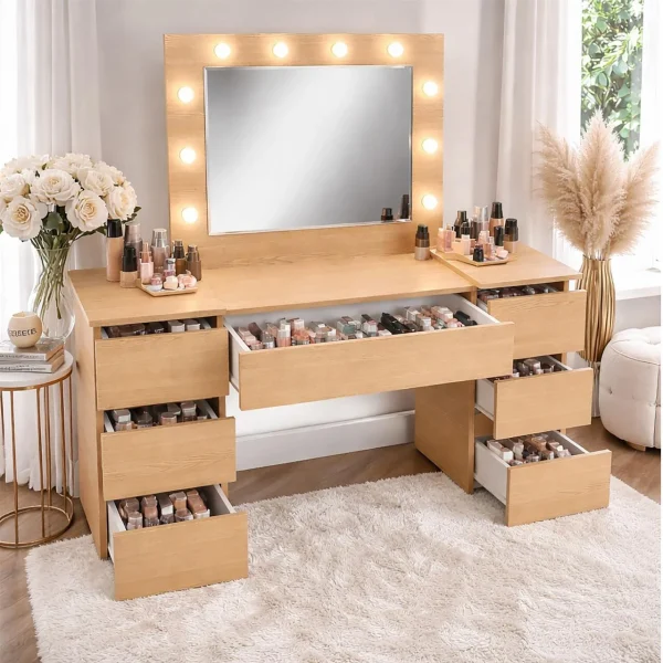 Masa de toaleta/machiaj, Antonia, stejar, cu oglinda si LED-uri, 155x42x135 cm