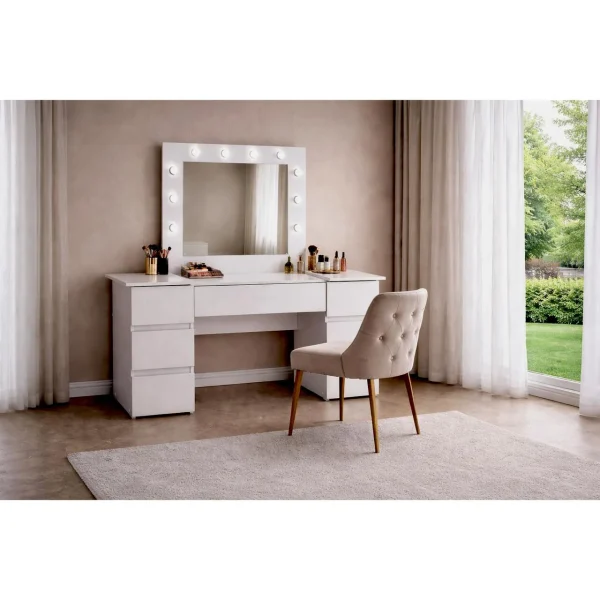 Masa de toaleta/machiaj, Antonia, gri deschis, cu oglinda si LED-uri, 155x42x135 cm