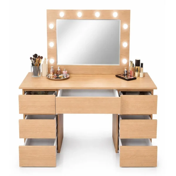 Masa de toaleta/machiaj, Vanessa, stejar, cu oglinda si LED-uri, 130x43x143 cm