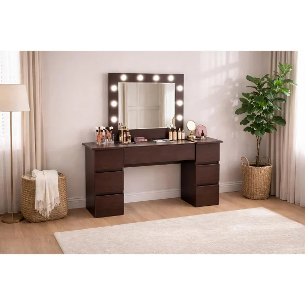 Masa de toaleta/machiaj, Antonia, wenge, cu oglinda si LED-uri, 155x42x135 cm