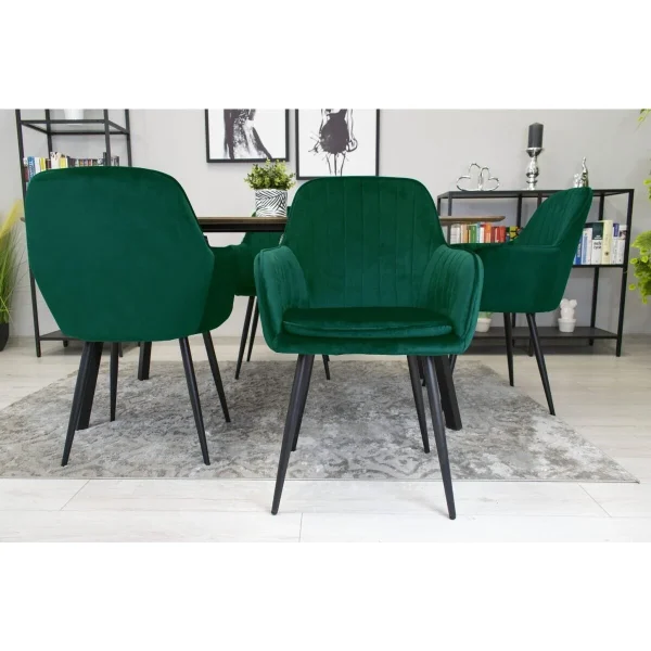 Scaun stil fotoliu bucatarie/living, Artool, Lugo, catifea verde, picioare metal negru, 57.5x56.5x86.5 cm