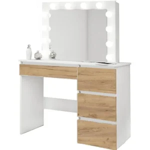 Masa de toaleta/machiaj, alb si stejar Wotan, cu oglinda si LED-uri, Irina, 94x43x141 cm