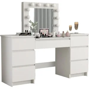 Masa de toaleta/machiaj, alb, cu oglinda si LED-uri, Silvia , 155x42x135 cm