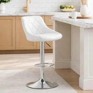 Scaun de bucatarie/bar, Artool, Kast, rotativ, piele ecologica alba, picior metal argintiu, 45.5x48.5x85-105 cm