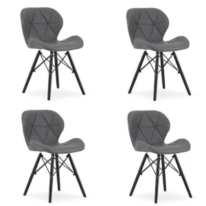 Set 4 scaune stil scandinav, Artool, Lago, piele ecologica gri, picioare lemn negru, 47.5x36x74 cm