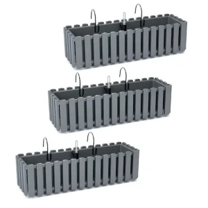 Set 3 jardiniere decorative cu suport metalic, sistem irigare,​​​​​​​ gri, 58x18x16.2 cm, Boardee Fencycase W