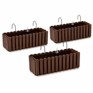 Set 3 jardiniere decorative cu suport metalic, sistem irigare,​​​​​​​ maro, 58x18x16.2 cm, Boardee Fencycase W