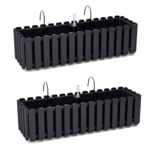 Set 2 jardiniere decorative cu suport metalic, sistem irigare,​​​​​​​ antracit, 58x18x16.2 cm, Boardee Fencycase W