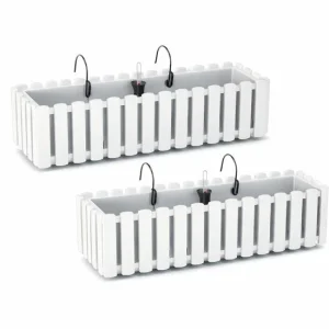 Set 2 jardiniere decorative cu suport metalic, sistem irigare,​​​​​​​ alb, 58x18x16.2 cm, Boardee Fencycase W