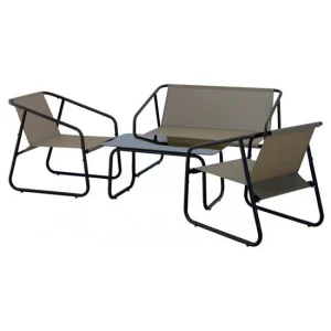 Set mobilier gradina/terasa, maro, otel, textil, 1 masa, 2 scaune, 1 canapea, Soffi