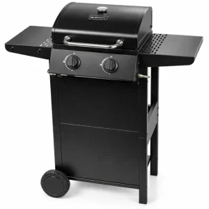 Gratar gradina, grill dreptunghiular, cu gaz, 2 arzatoare, cu roti, capac, rafturi, 96x50x100 cm, BBQ Andora