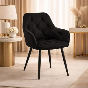 Scaun stil fotoliu bucatarie/living, Artool, York, catifea neagra, picioare metal negru, 56x62x83.5 cm