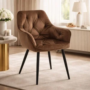 Scaun stil fotoliu bucatarie/living, Artool, York, catifea maro, picioare metal negru, 56x62x83.5 cm