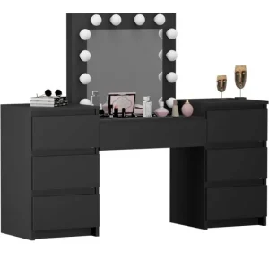 Masa de toaleta/machiaj, negru, cu oglinda si LED-uri, Silvia, 155x42x135 cm