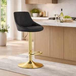 Scaun de bucatarie/bar, Artool, Kast, rotativ, catifea neagra, picior metal auriu, 45.5x49x85-105 cm